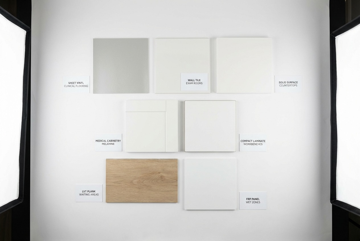 Healthcare-grade material samples for medical office renovation — flooring, wall panels, cabinet doors, and countertop surfaces laid out professionally
