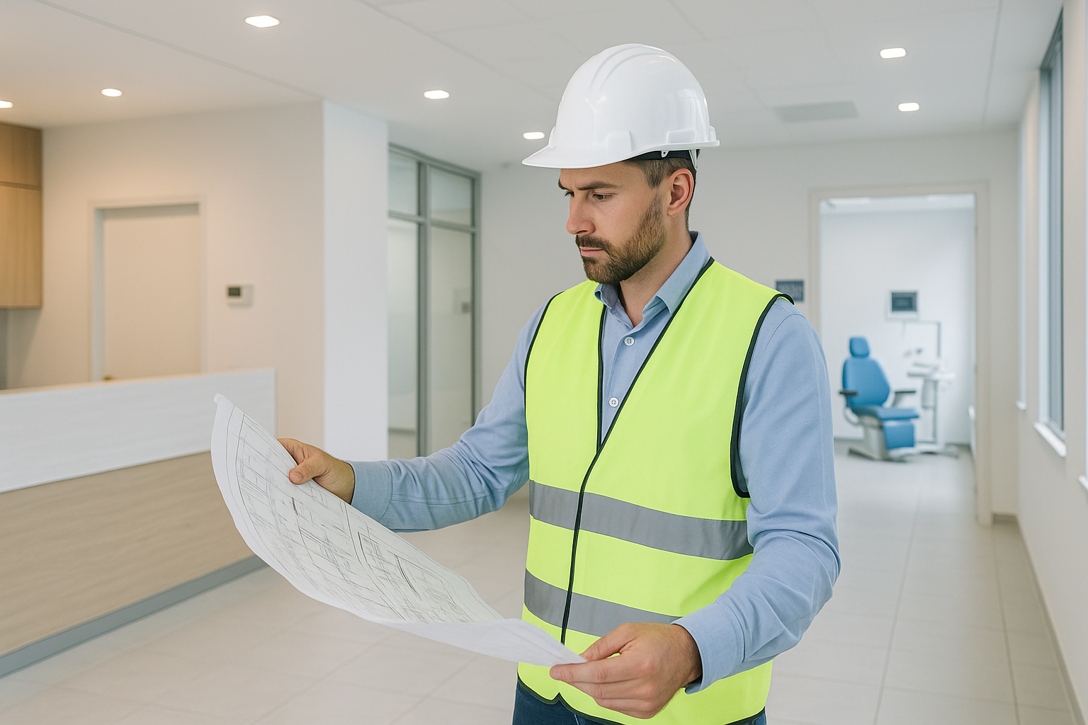 What to Look for in a Medical Office Renovation Contractor 5 A contractor in a hard hat reviewing blueprints inside a modern medical office