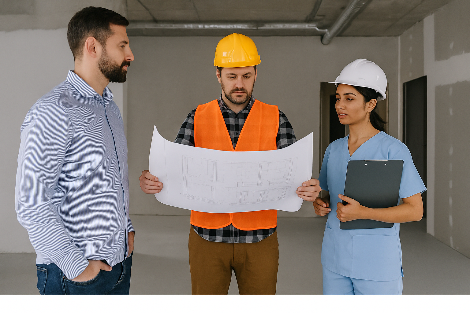 Healthcare renovation team discussing floor plan inside a medical clinic under construction in Ontario