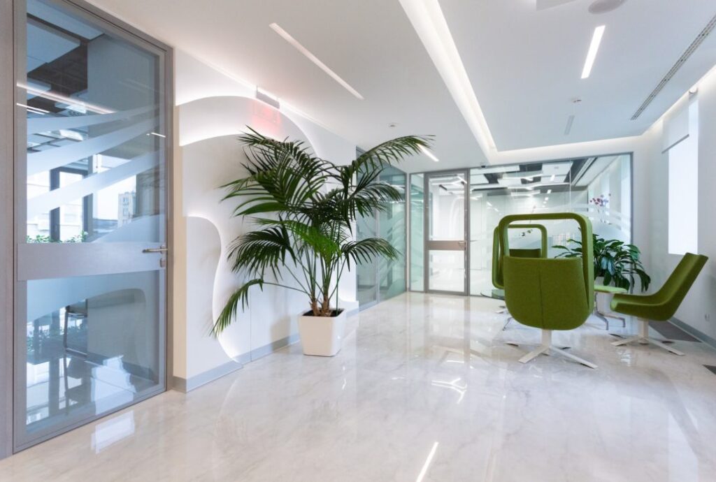 Contemporary healthcare waiting room with accessible seating and calming interior design