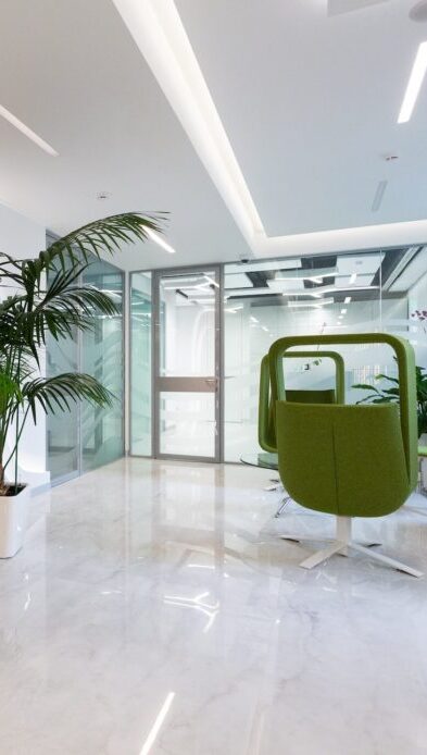 Contemporary healthcare waiting room with accessible seating and calming interior design