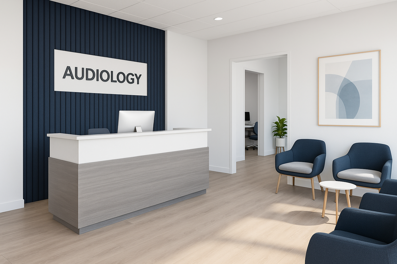 Before & After: Transforming an Outdated Audiology Clinic 1 Modern audiology clinic reception area with acoustic wall panels and ergonomic seating