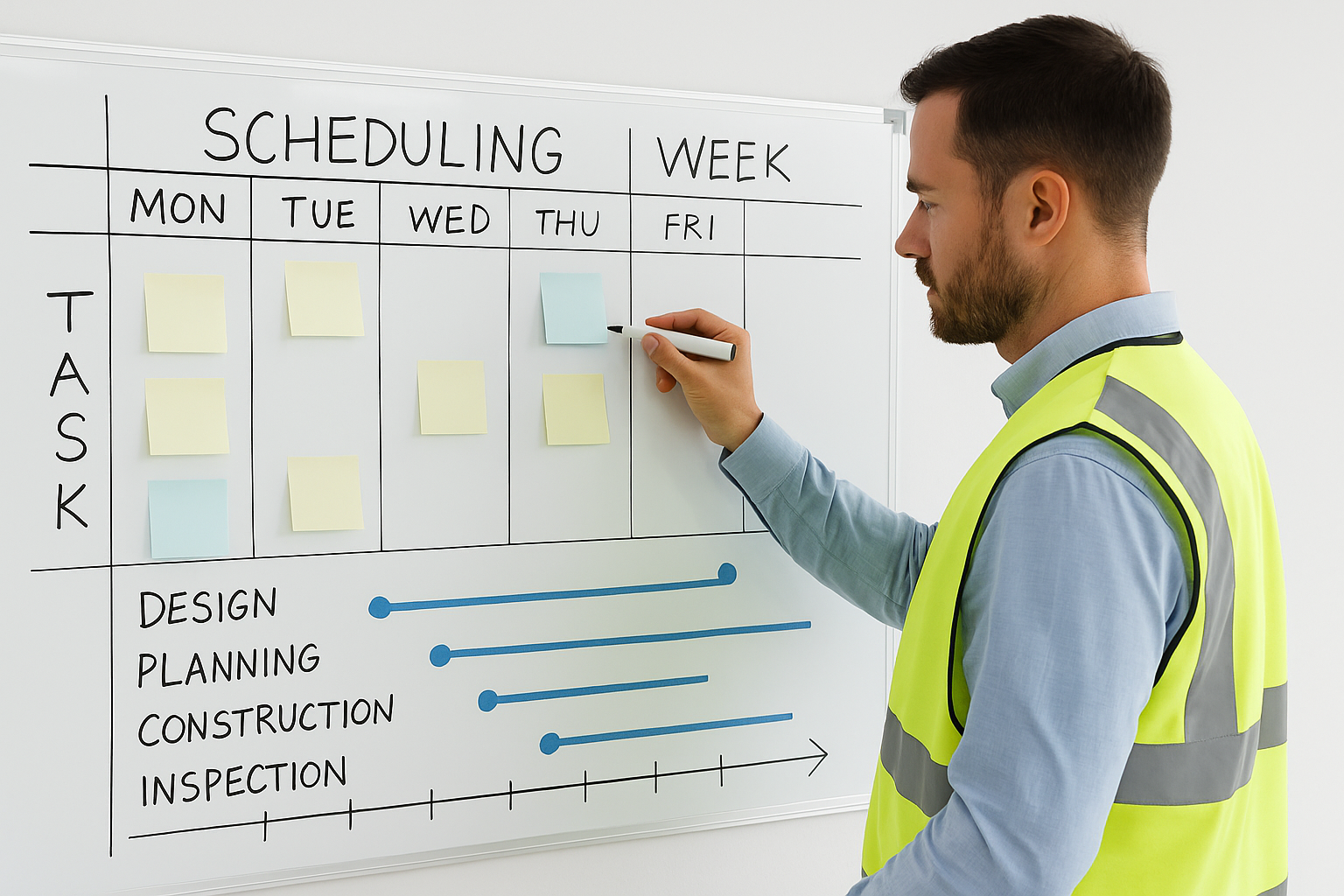 Project manager planning medical office renovation timeline using scheduling board and visual timeline tools