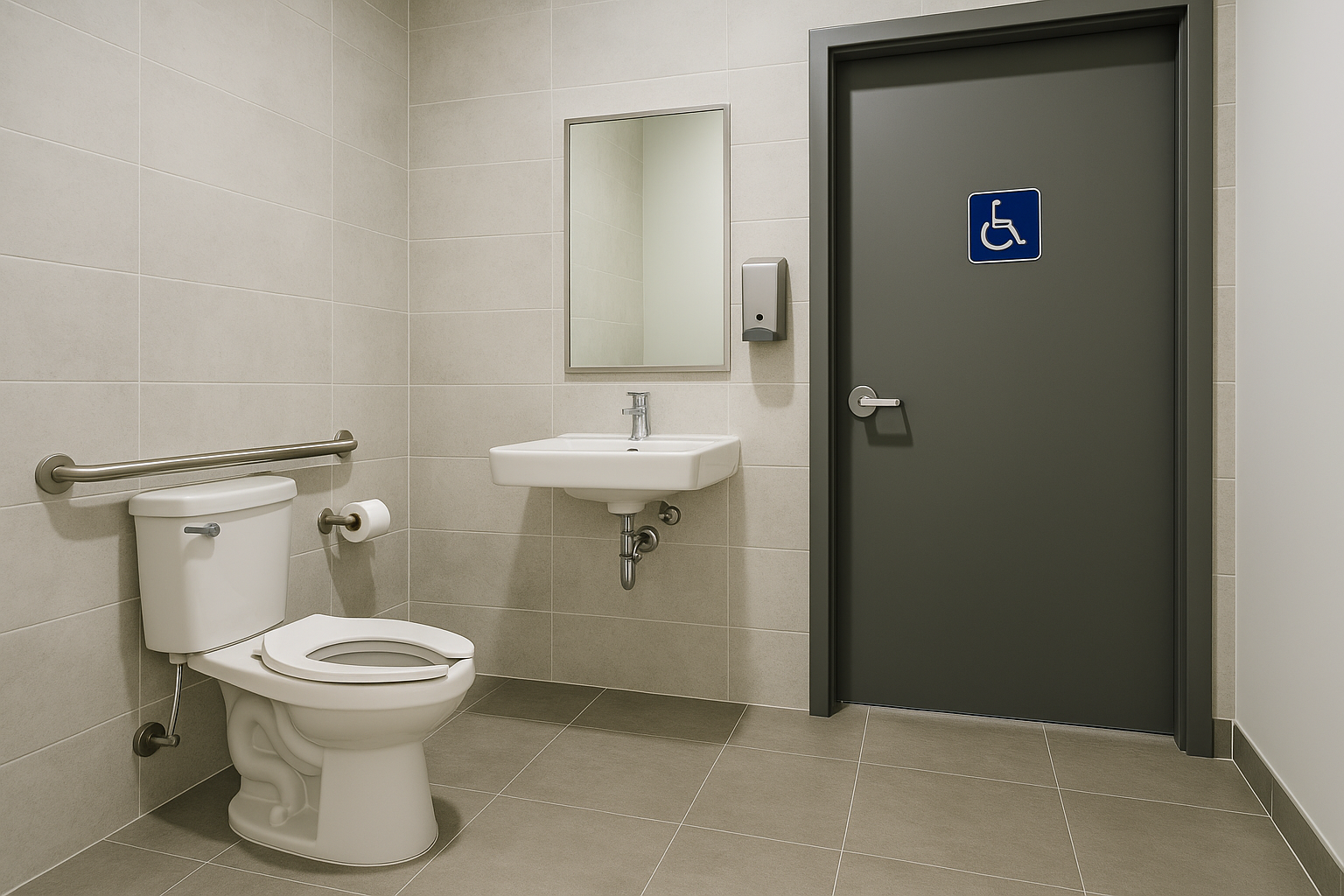 AODA-compliant medical office with grab bars, wide entry doors, and infection control–friendly finishes