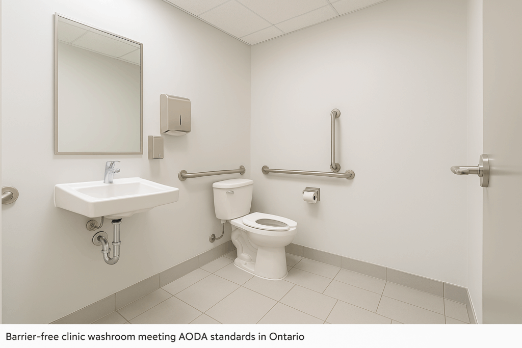 Body Image 2:
Reception area with lowered desk and clear patient signage
Alt text: “Accessible front desk area in an AODA-compliant medical office renovation”