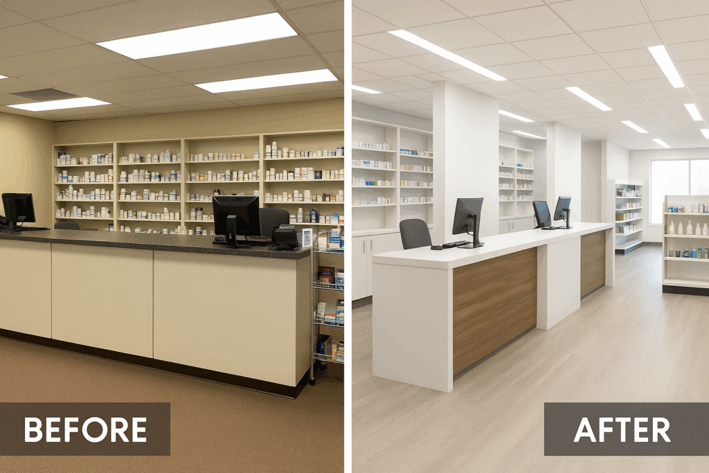 Pharmacy renovation before and after with updated counter layout and finishes