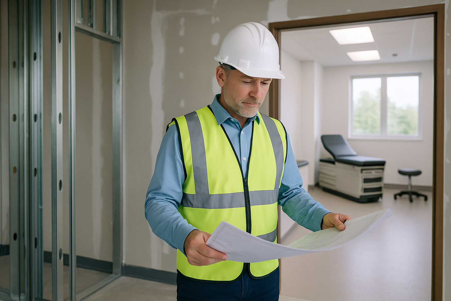Permits and Regulations for Medical Renovations in Ontario: What You Need to Know 2 Ontario building inspector evaluating medical office renovation permit plans on-site