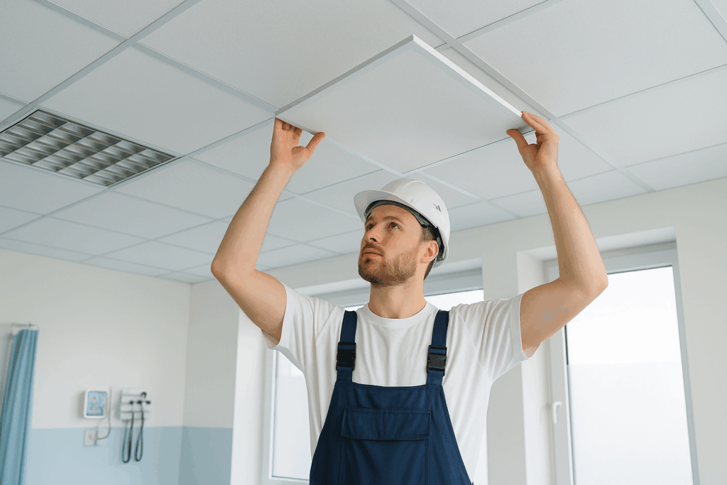 Construction worker installing ceiling tile during a medical office renovation in Ontario, illustrating compliant and hygienic infrastructure upgrades.