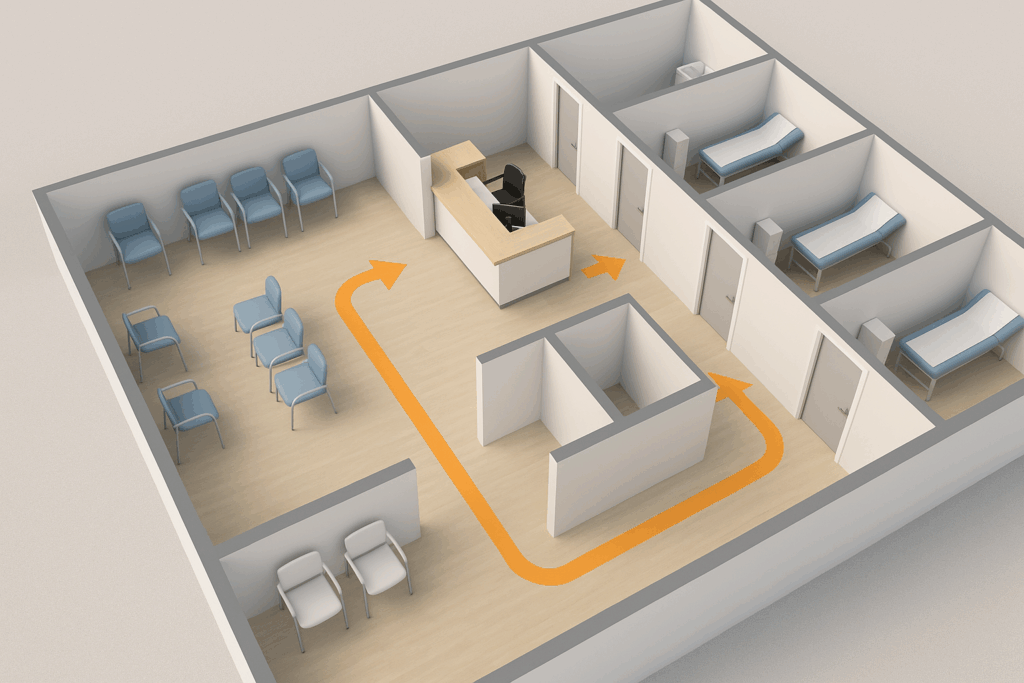 Floor plan showing efficient patient flow in a renovated walk in clinic