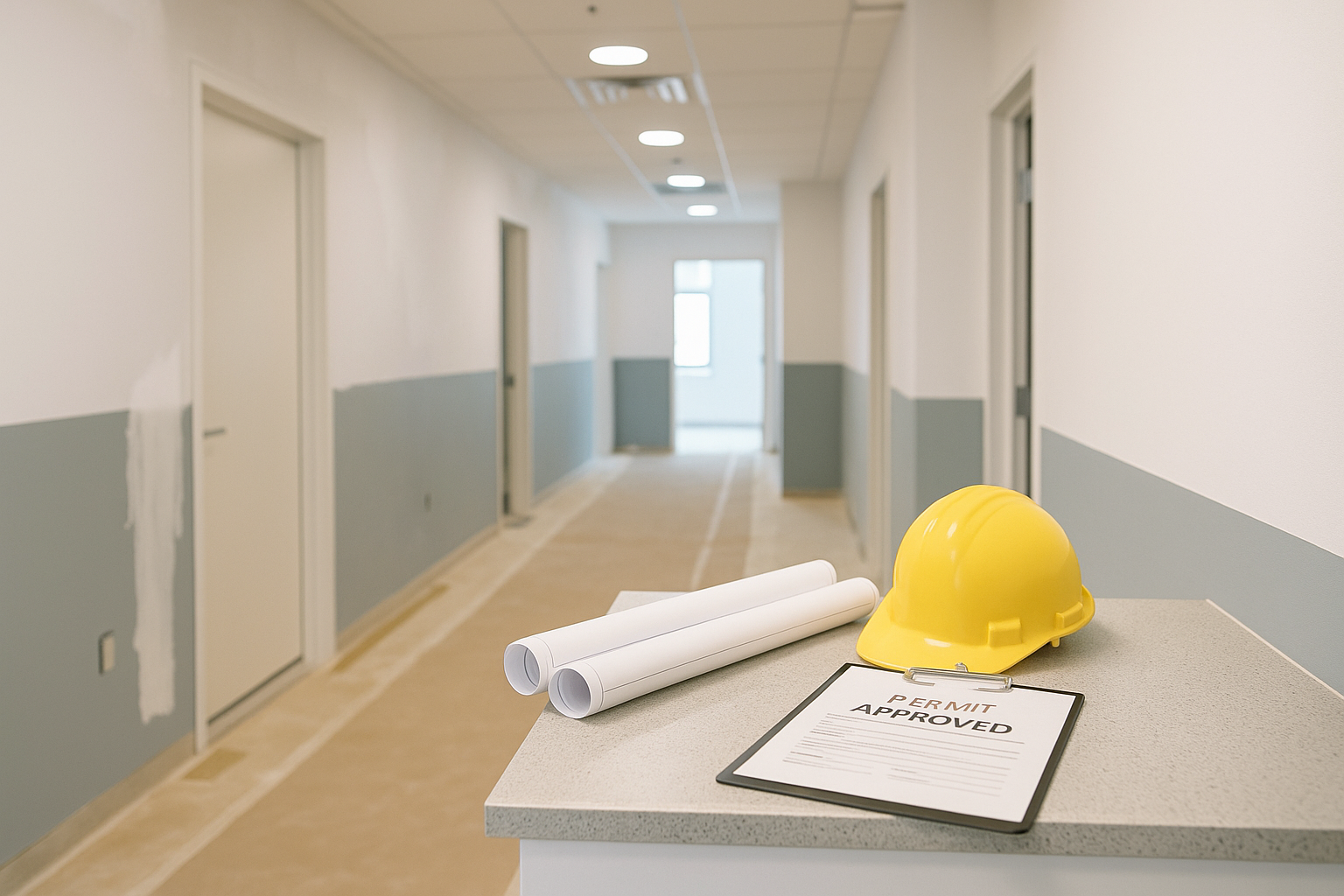 Permits and Regulations for Medical Renovations in Ontario: What You Need to Know 4 Medical office under renovation with blueprints and approved permit documents on display