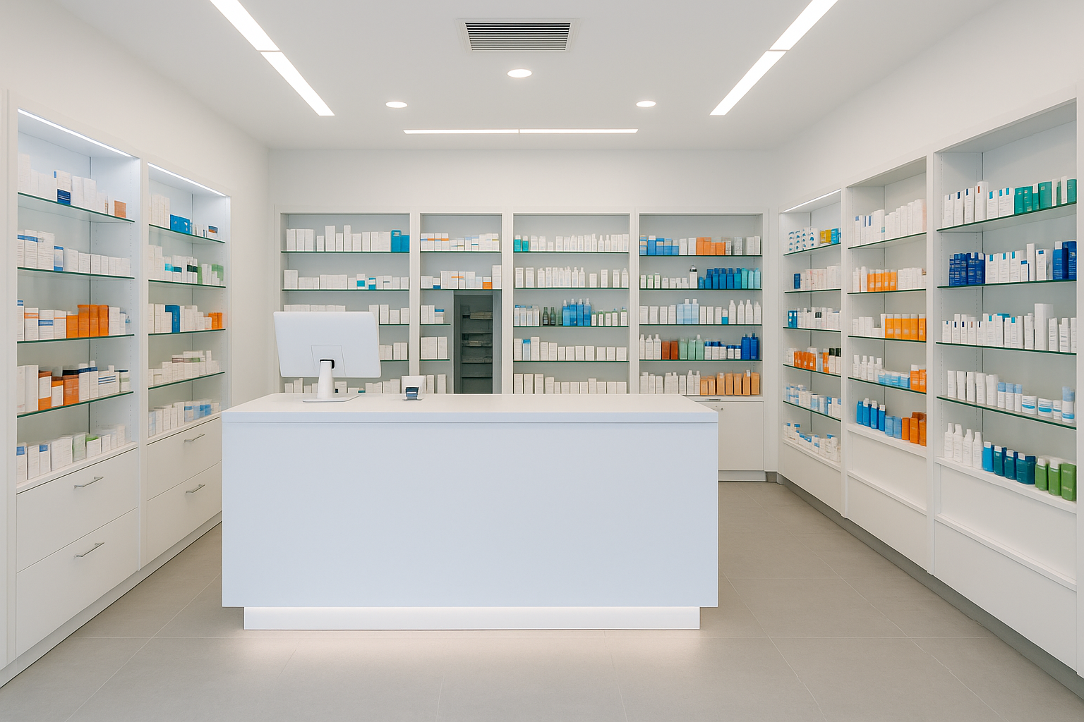 Pharmacy Renovation Essentials: Layouts, Lighting, and Workflow 4 Renovated pharmacy with contemporary design, well-lit shelving, and clean counters