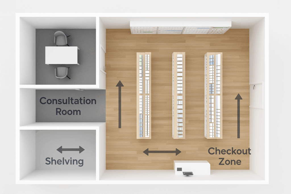 Functional pharmacy layout design highlighting workflow zones