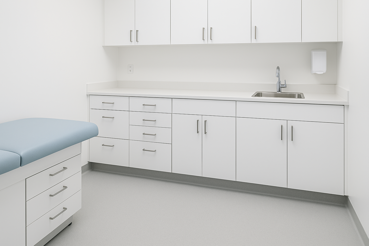 Choosing the Right Materials for Infection Control in Healthcare Settings 1 Non-porous medical cabinetry and seamless flooring in a sterile clinical environment