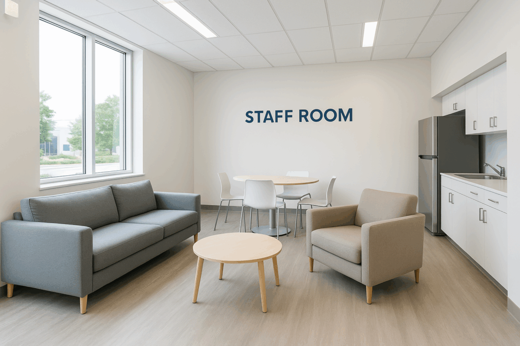 Vet clinic staff room with lounge seating and natural light, designed for team well-being