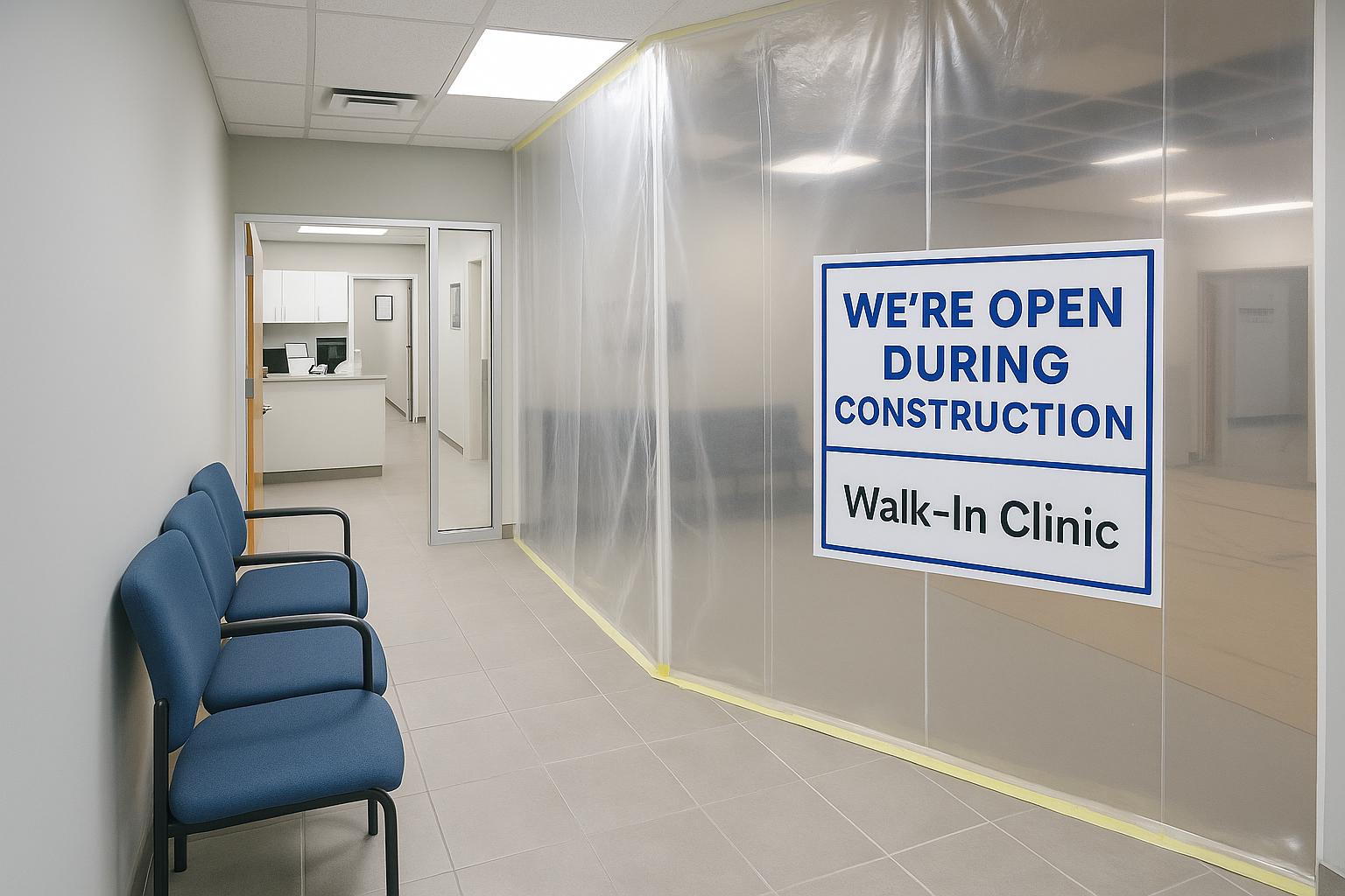 Walk-in clinic continuing to operate during phased renovations with protective barriers and visible signage