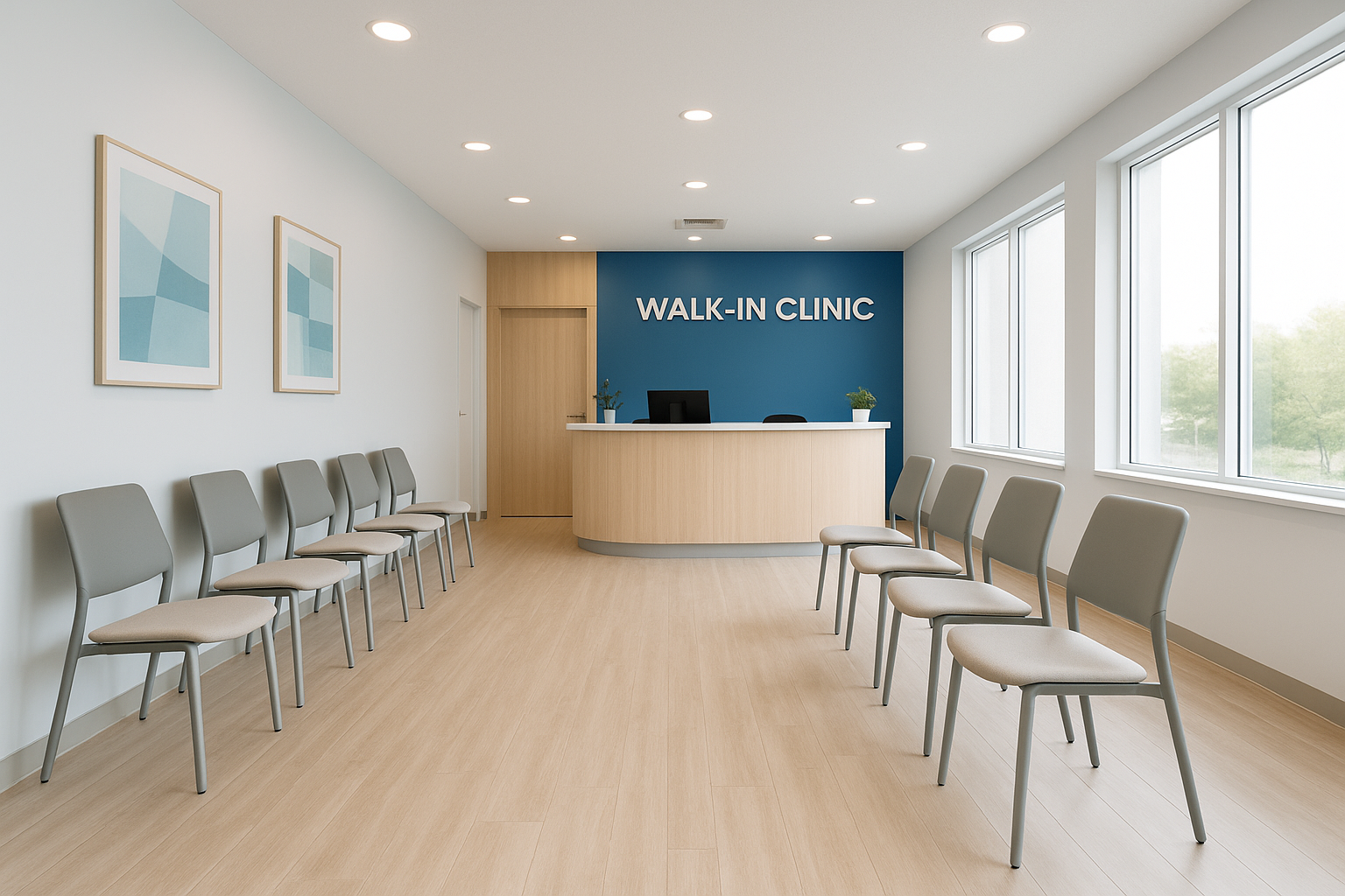 Walk-in clinic waiting room with modern chairs and calming interior design