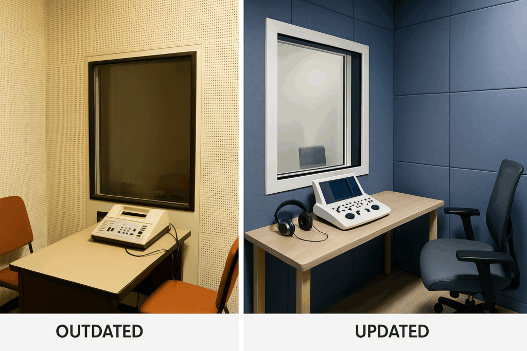 Transformed audiology testing room with acoustic upgrades and modern furnishings