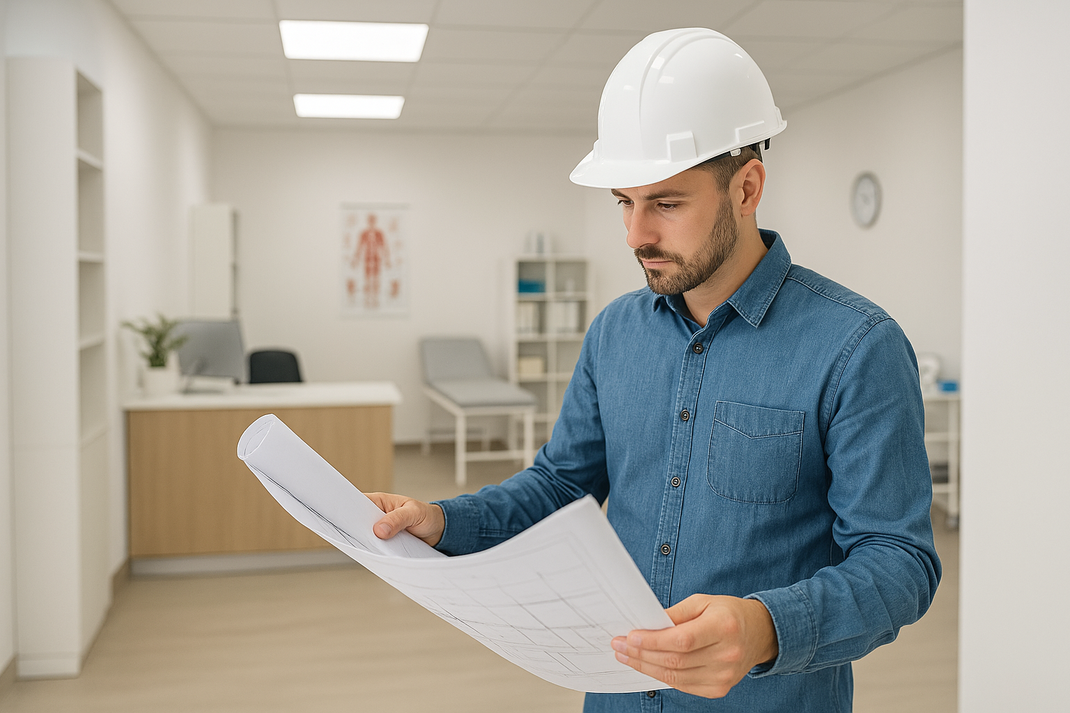 Construction contractor reviewing blueprints inside a modern renovated medical office in Ontario