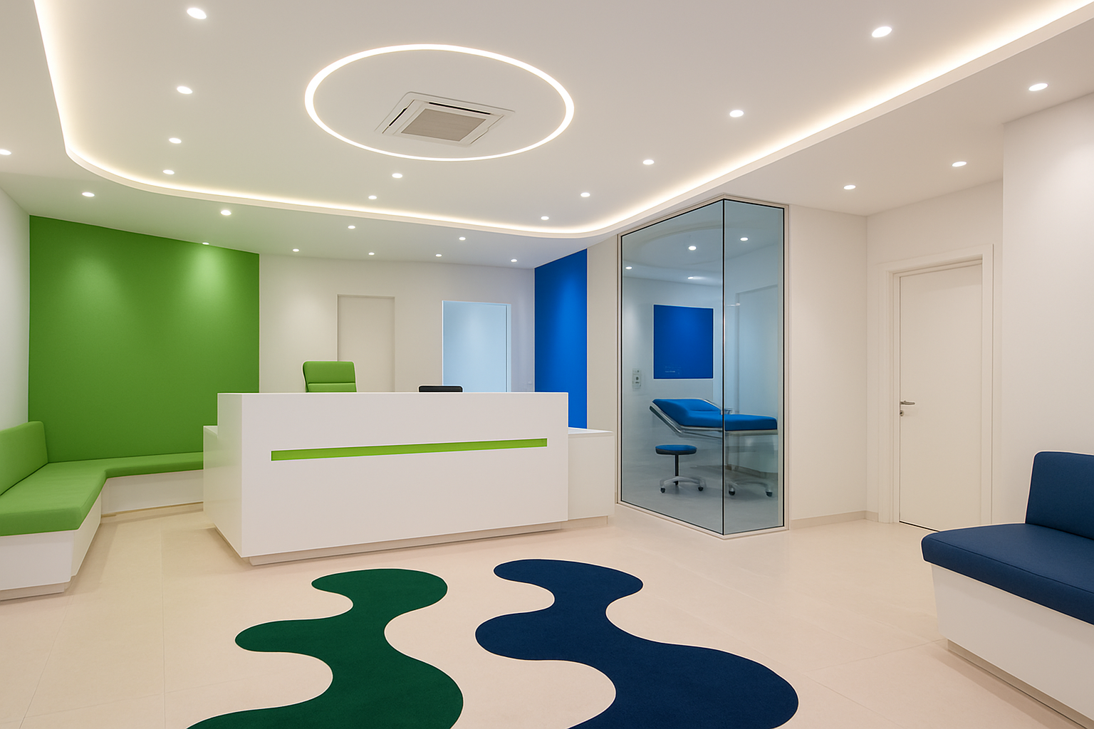 Reception area of a renovated pediatric clinic featuring antimicrobial surfaces and soundproof walls