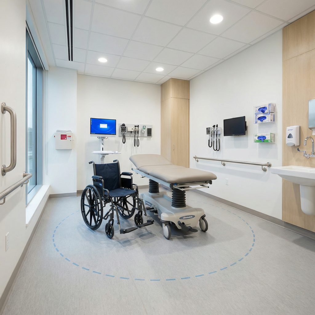 Modern accessible medical examination room showing proper clearances for wheelchair transfers, featuring wall-mounted examination table, proper turning radius, and AODA-compliant design per CSA Z8000 standards