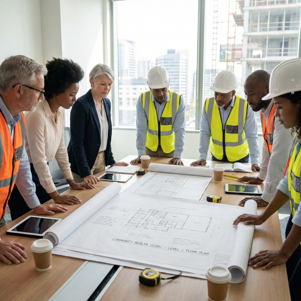 Professional contractor and healthcare facility architect reviewing CSA Z8000 compliant blueprints and building plans for Ontario medical clinic renovation project