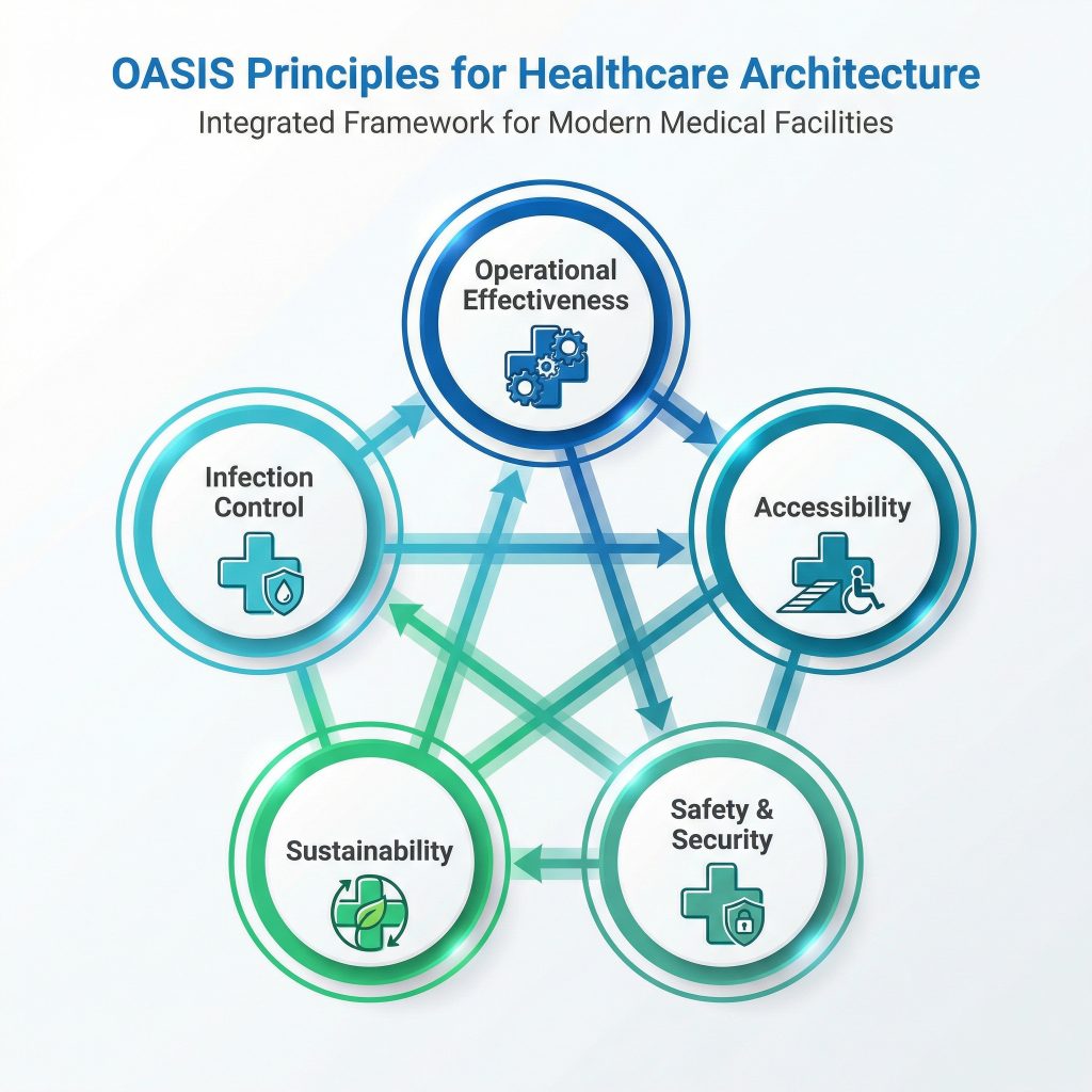 nfographic diagram showing CSA Z8000 OASIS principles for Ontario healthcare facility design - Operational effectiveness, Accessibility, Safety and security, Infection prevention and control, Sustainability