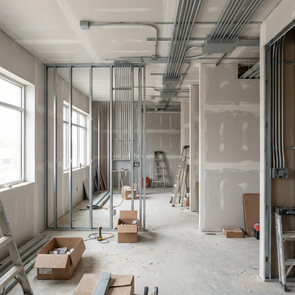 Empty medical clinic interior showing incomplete walls and exposed electrical, representing failed building inspection due to non-compliance with CSA Z8000 healthcare facility standards in Ontario