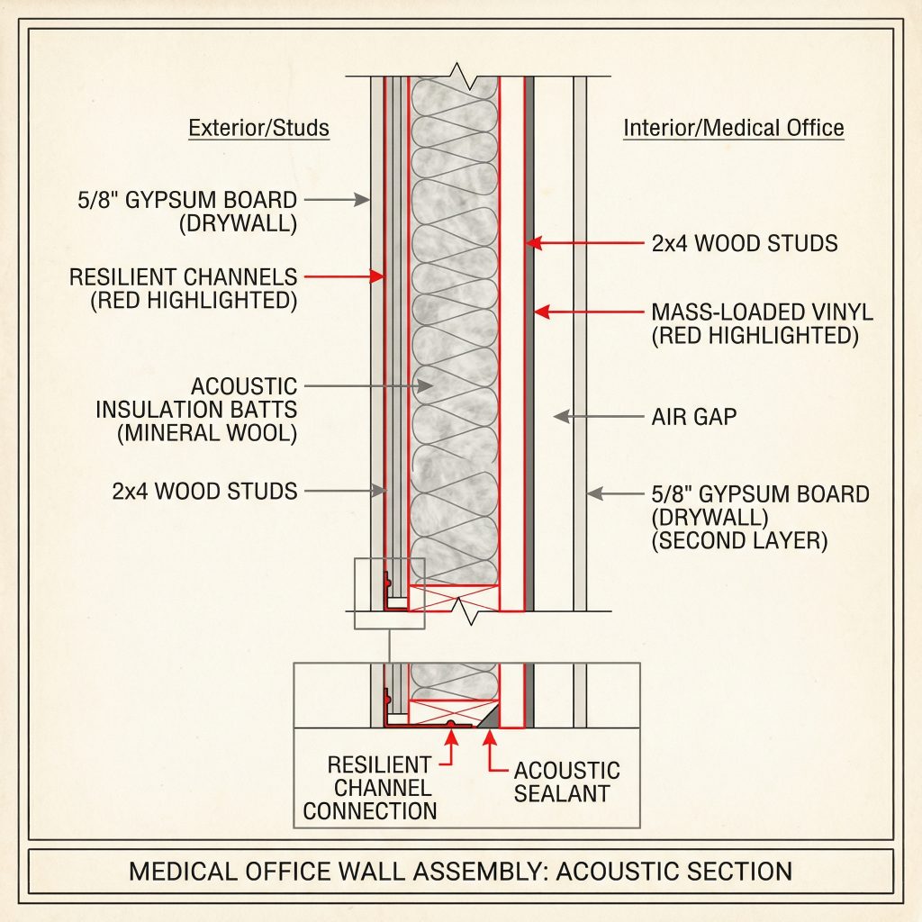 Medical clinic construction site showing proper pre-planning for diagnostic equipment installation, with reinforced flooring, electrical conduit, and equipment mounting points visible during renovation