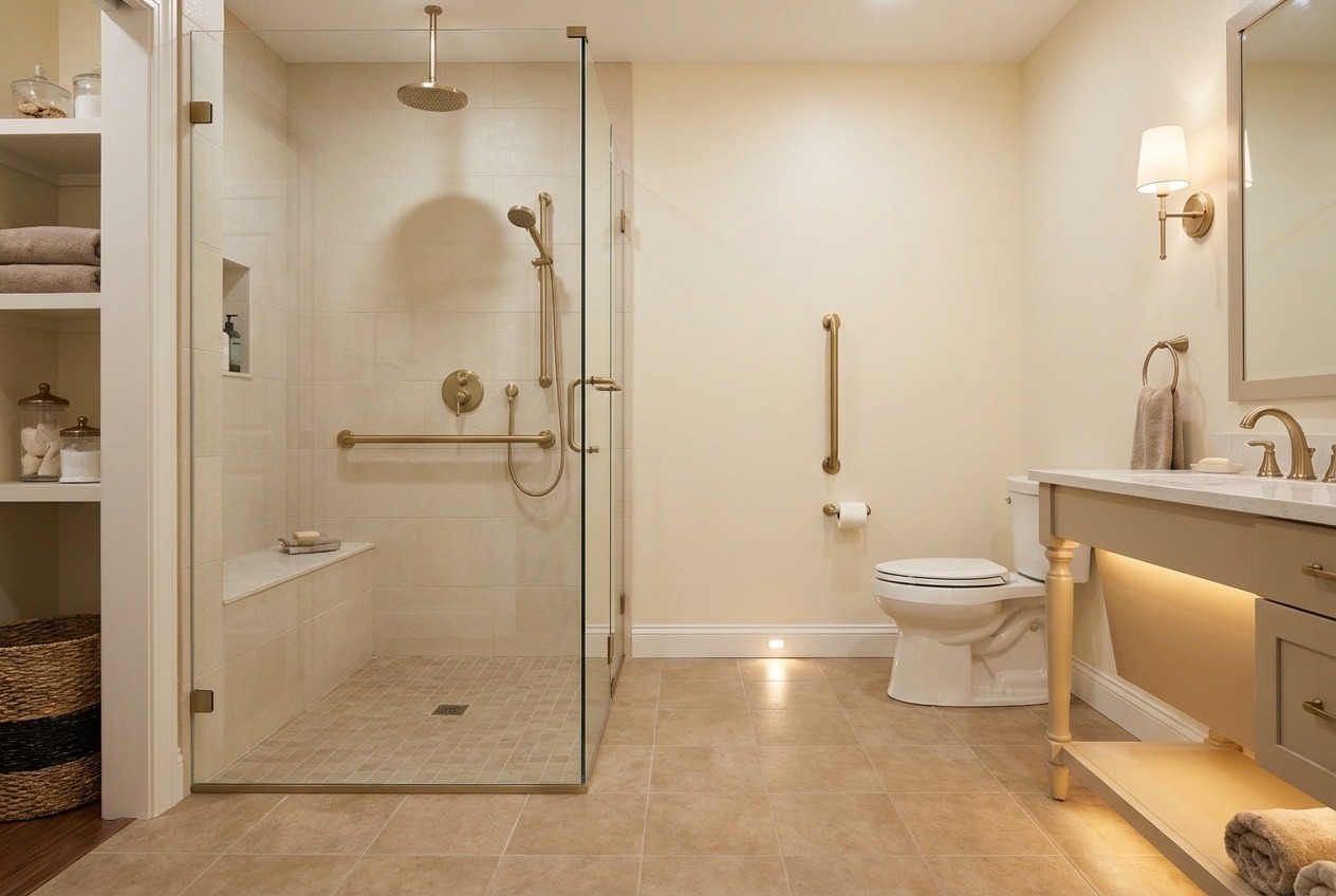 Aging-in-place bathroom with grab bars that look like design features, comfort height toilet