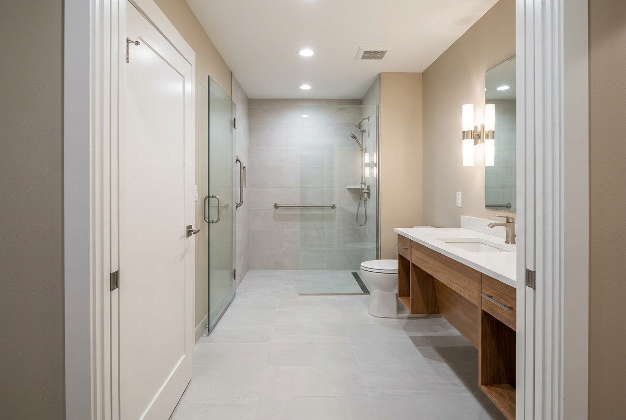 After: Same space converted to accessible curbless shower with grab bars