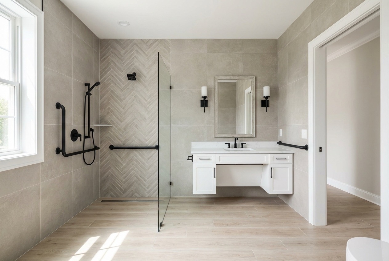 Modern accessible bathroom with curbless shower, brushed gold grab bars, and warm tile design