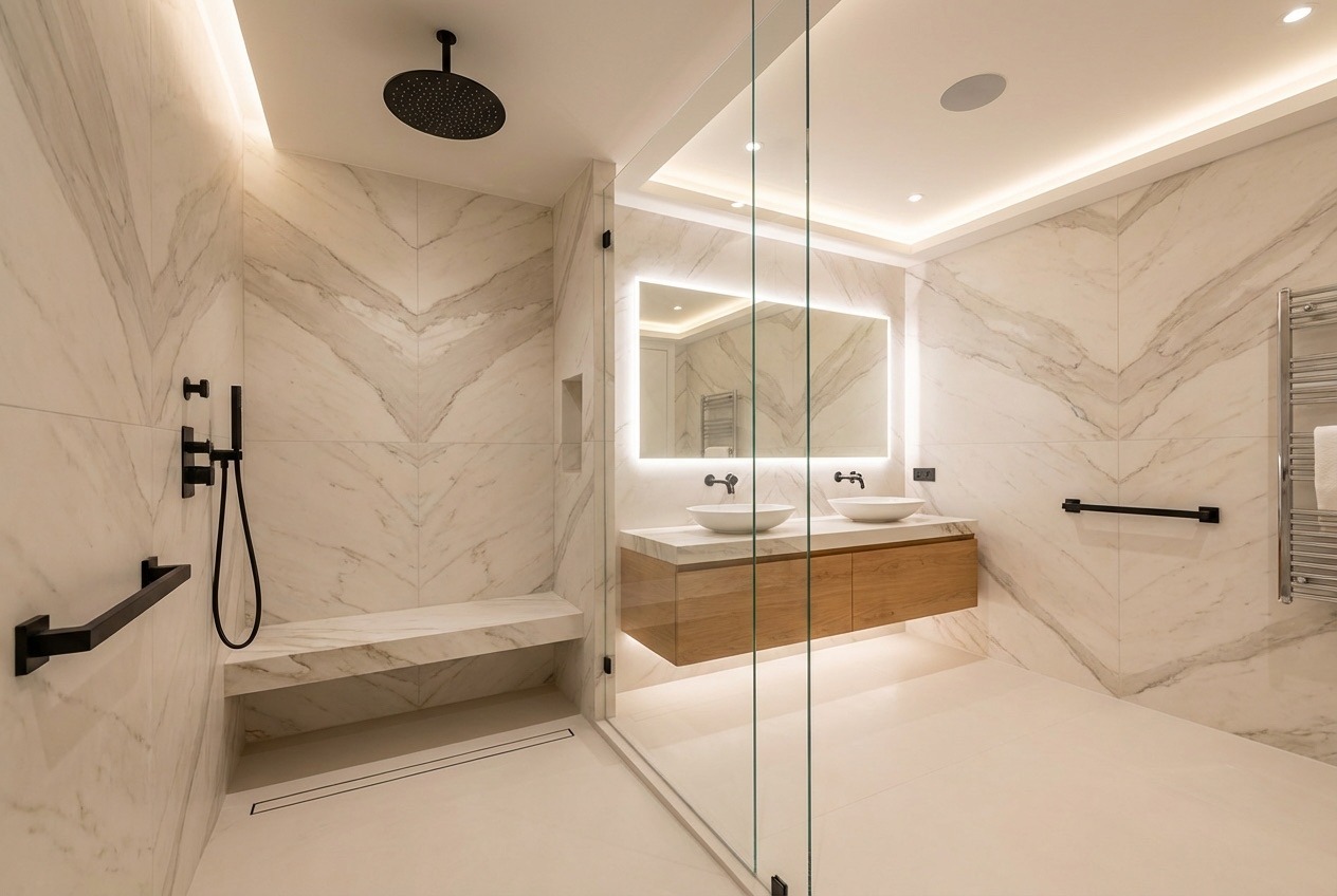 Premium accessible bathroom with heated floors, large format tile, and spa-like atmosphere