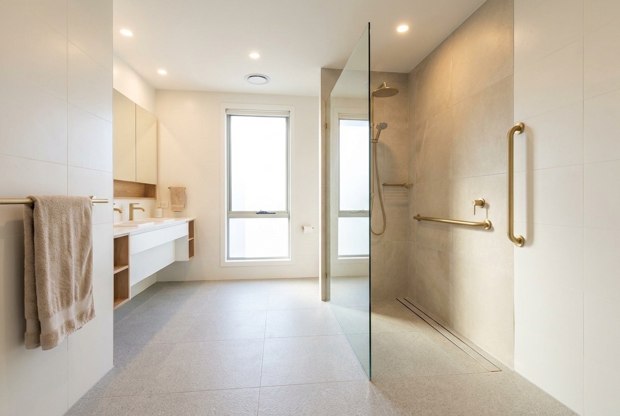 Modern accessible bathroom with curbless shower, brushed gold grab bars, and warm tile in Richmond Hill