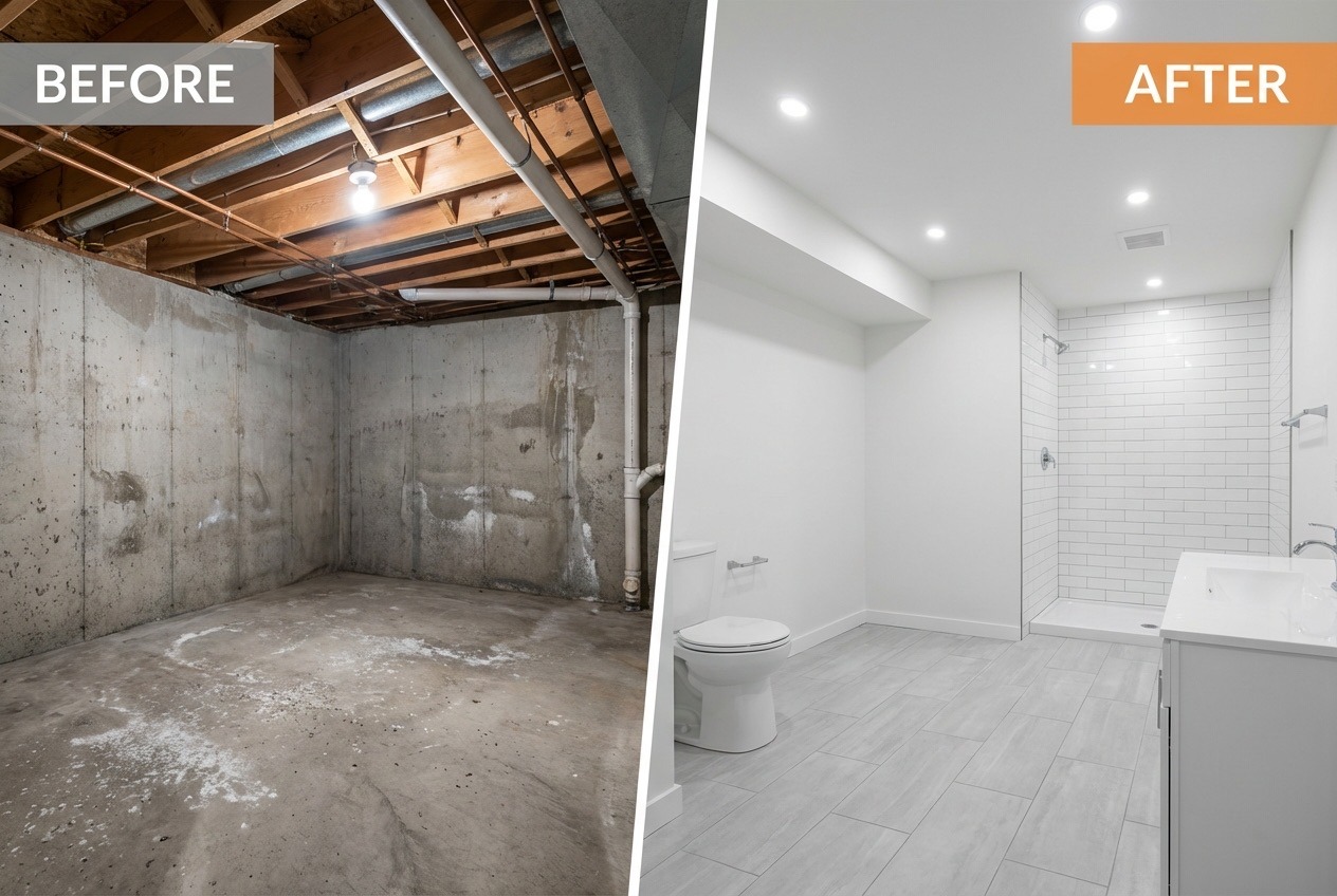 Before and after: Unfinished basement slab transformed into completed bathroom