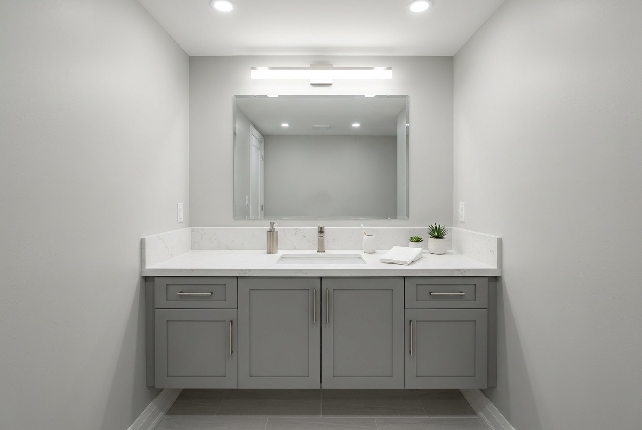 Basement bathroom vanity with undermount sink, frameless mirror, and modern fixtures