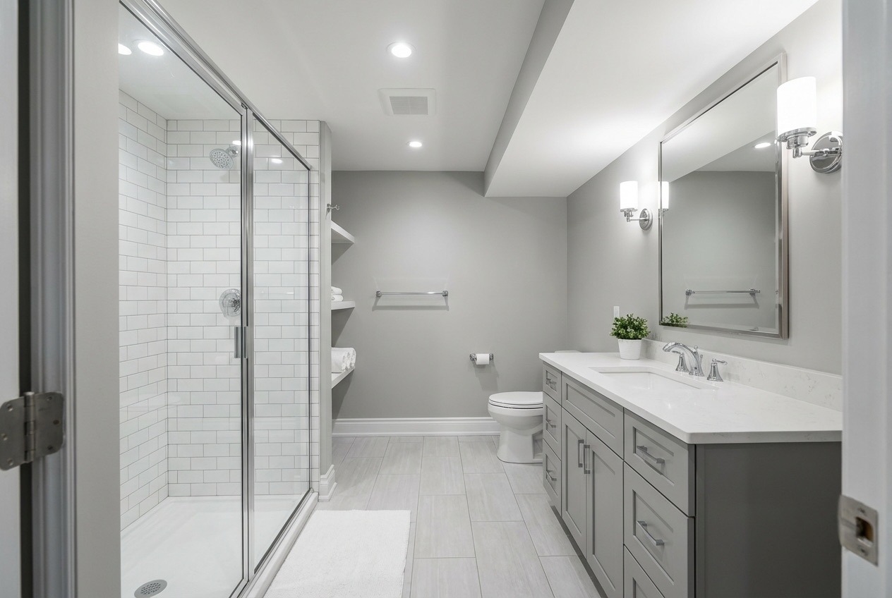 Completed basement bathroom renovation with walk-in shower, modern tile, and vanity