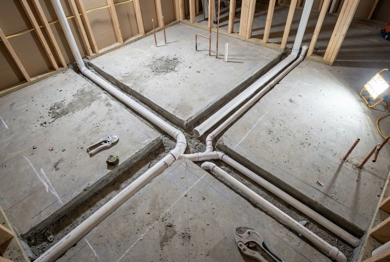 Basement bathroom rough-in phase with concrete cutting and PVC drain pipes visible