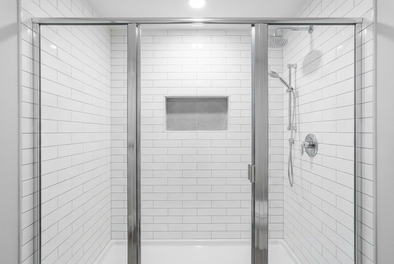 Basement bathroom walk-in shower with frameless glass enclosure and built-in niche