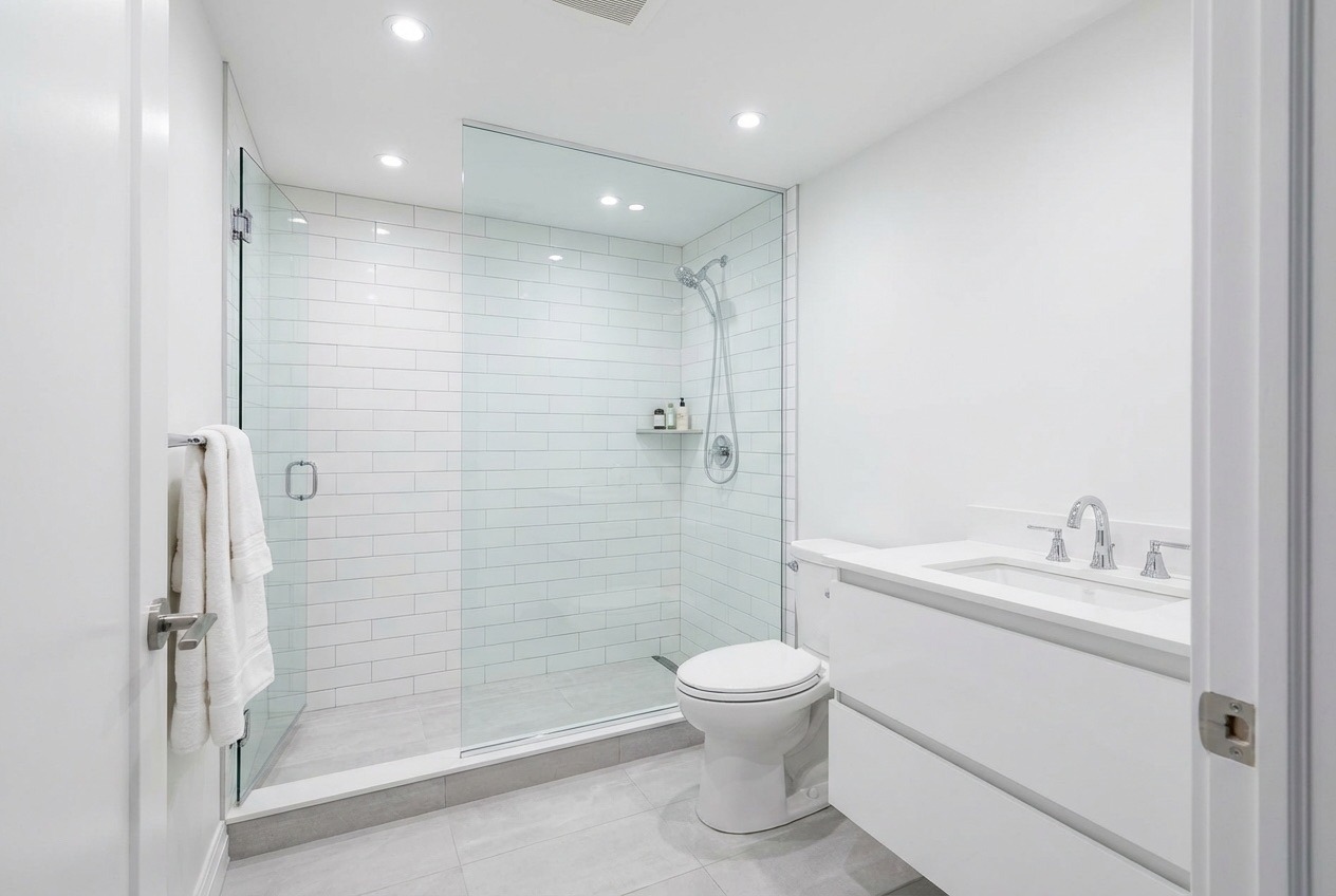 Basement 3-piece bathroom with walk-in shower and modern vanity