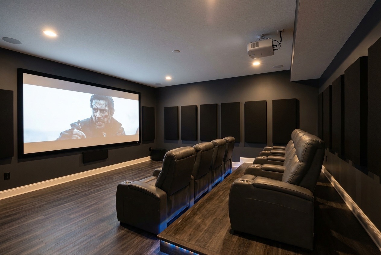 Basement home theatre with acoustic treatment and ambient lighting