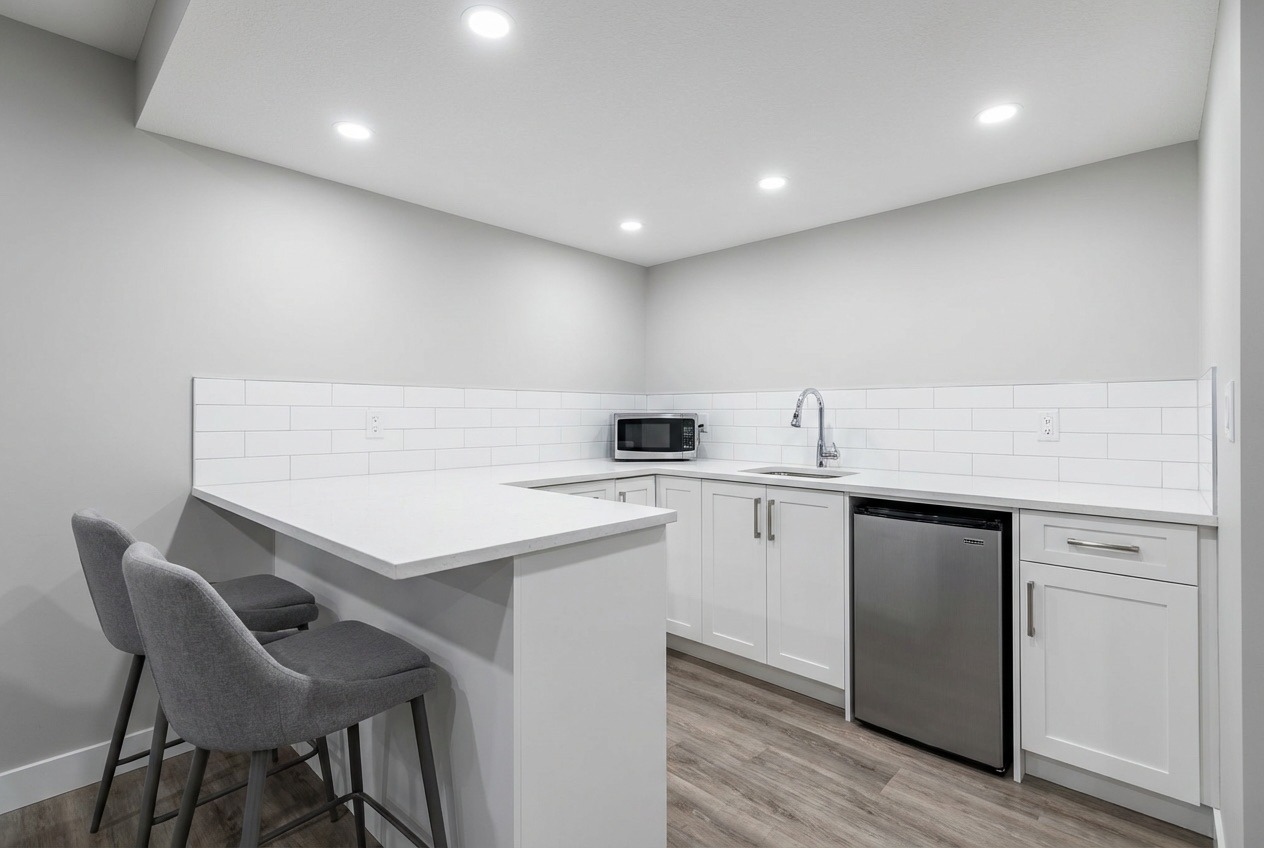 Basement kitchenette with quartz countertop and mini fridge