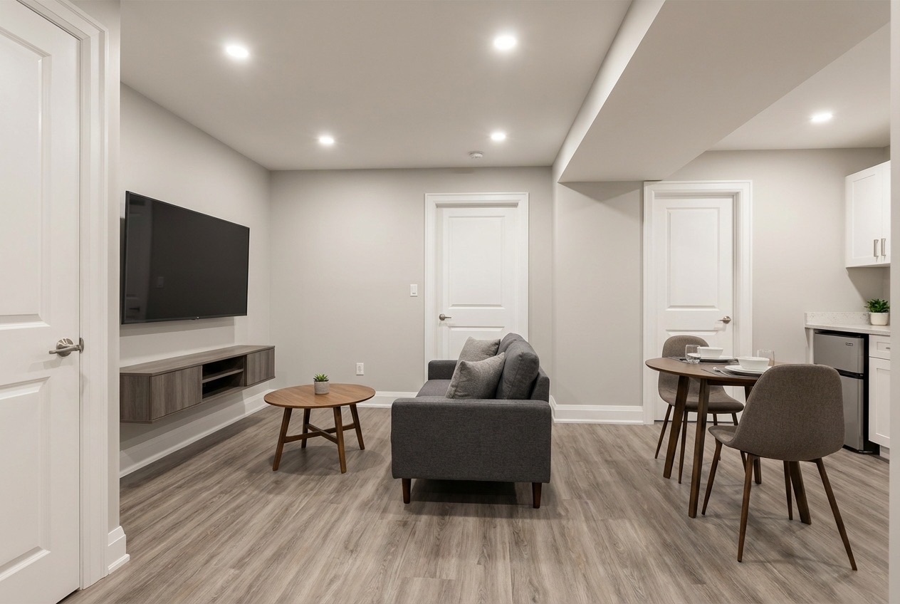 Finished basement suite with bedroom, living area, and separate entrance