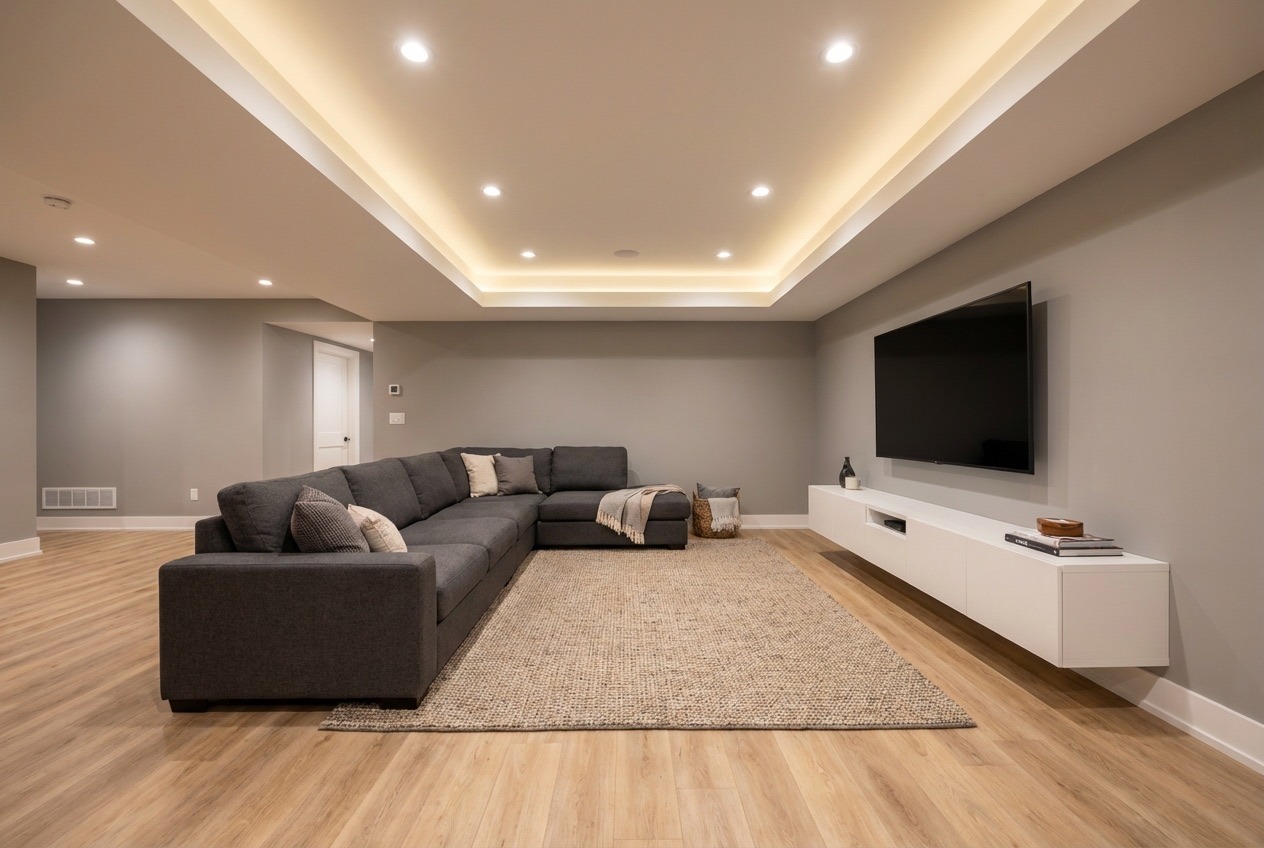 Complete basement apartment with bedroom, kitchen, bathroom, living area, and separate entrance