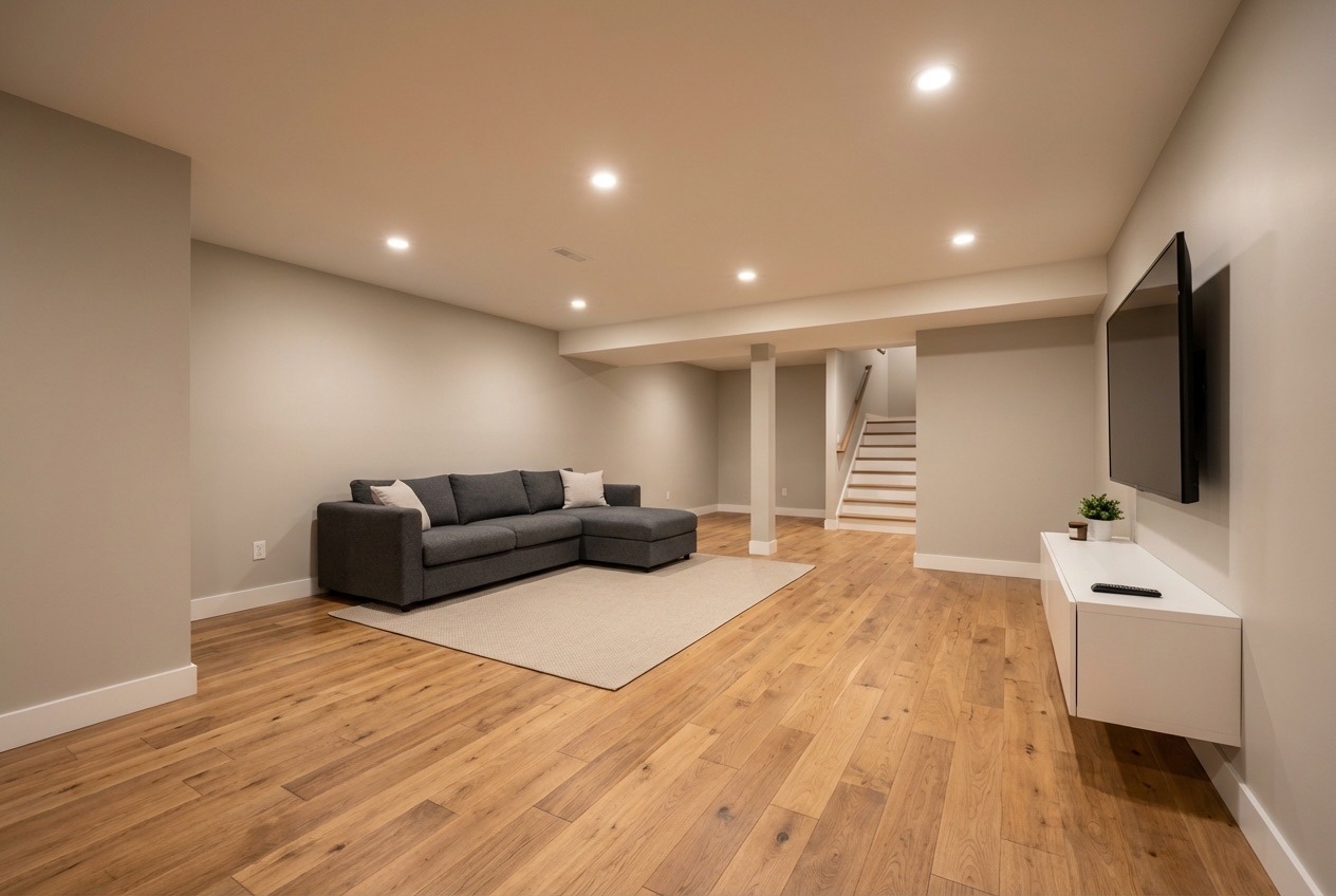 Modern finished basement renovation in Richmond Hill with recessed lighting and engineered hardwood