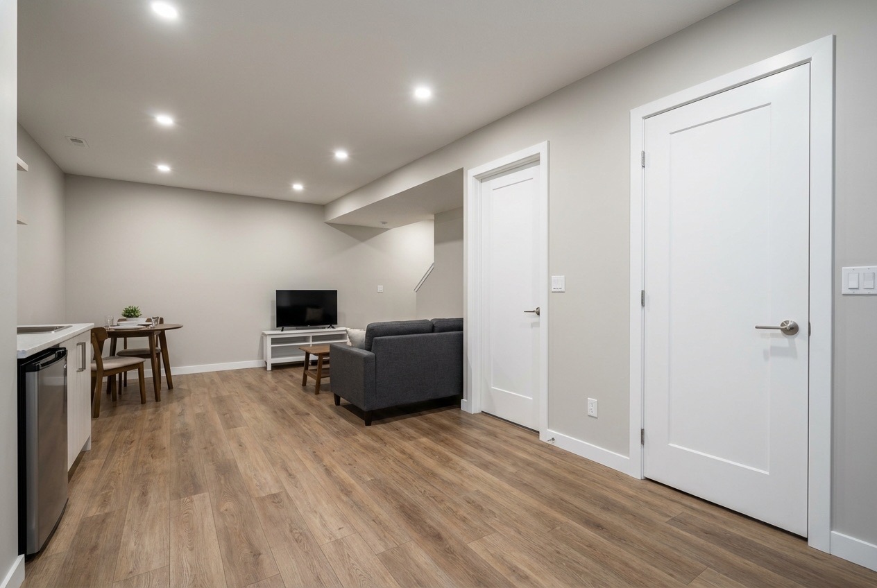 Multi-room basement suite with bedroom, bathroom, and living area featuring egress window