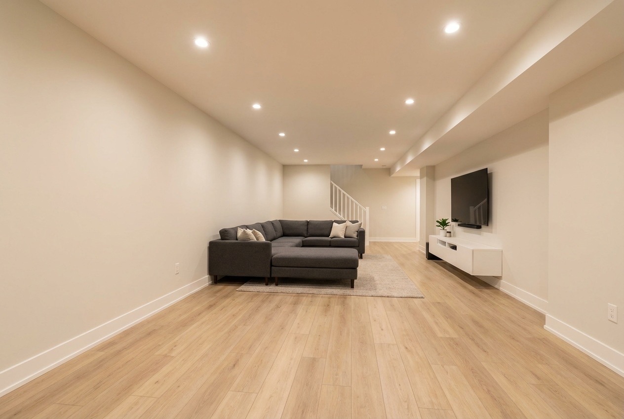 Modern open-concept basement rec room with engineered hardwood floors, pot lights, and comfortable seating area in Richmond Hill