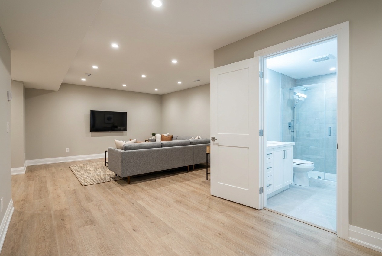 Finished basement with open rec room and modern 3-piece bathroom in York Region home