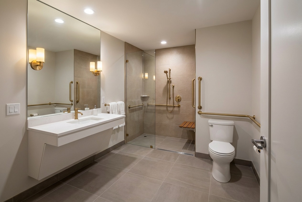 Accessible bathroom with curbless shower and grab bars
