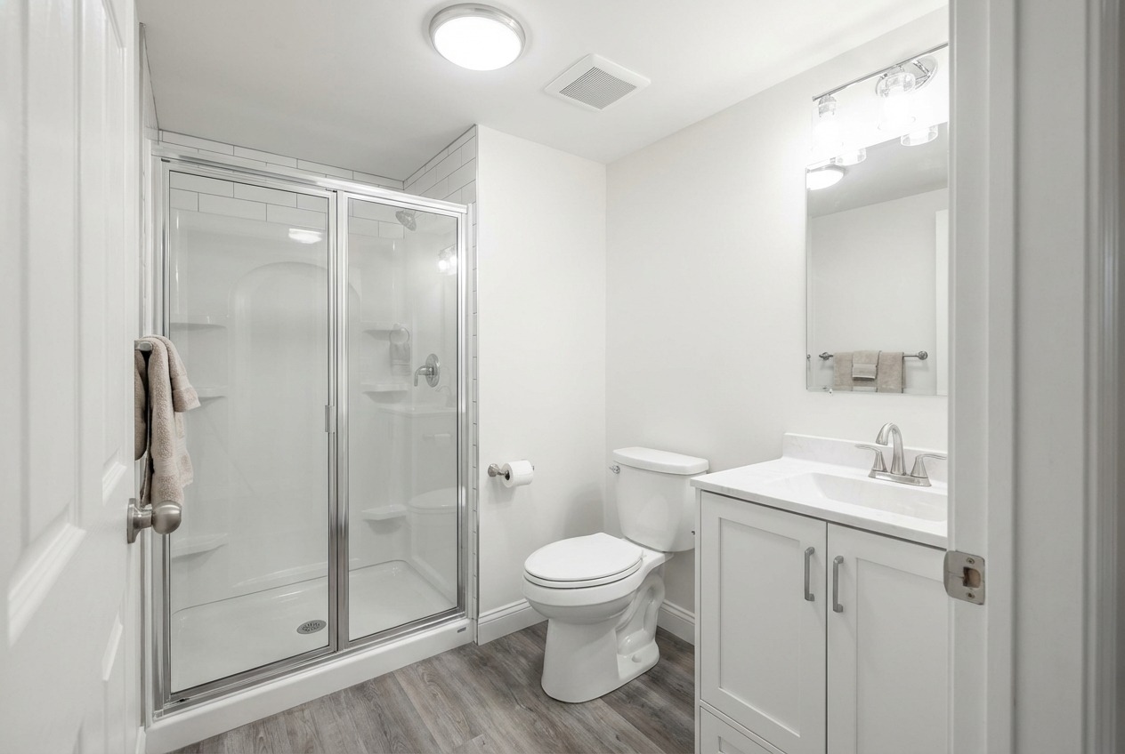 Basement bathroom installation with concrete work