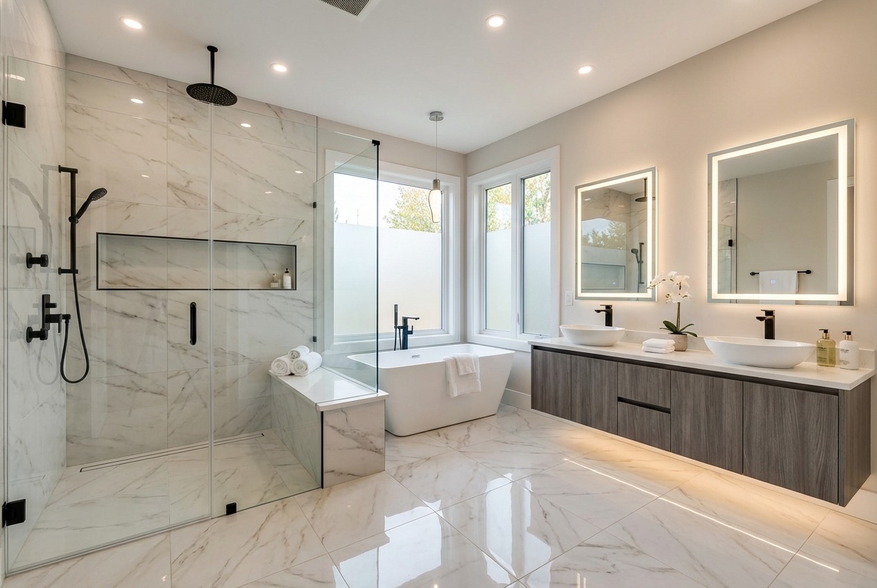 Luxury 5-piece bathroom with curbless shower and soaker tub